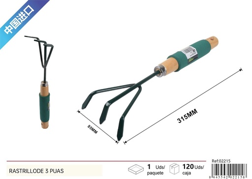 [02215] Rastrillo de 3 púas con mango de esponja para jardín