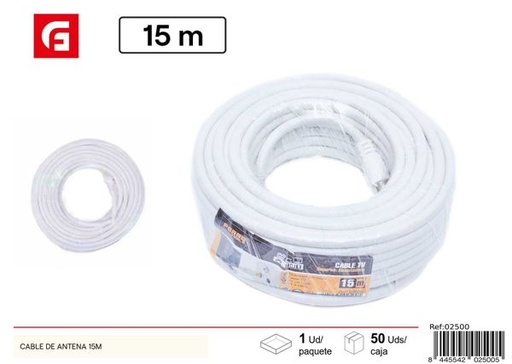 [02500] Cable de antena 15m blanco para conexión de TV