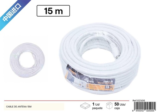 [02500] Cable de antena 15m blanco para conexión de TV