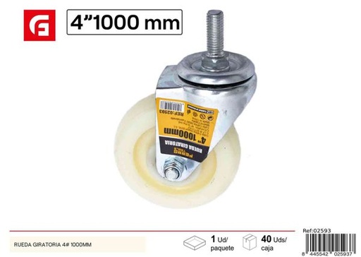 [02593] Rueda giratoria de nylon PP con eje de 12x30mm, 4 pulgadas, 1000mm para muebles y equipos