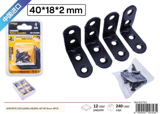 [02753]  Soporte escuadra negra 40*18*2 mm 4 pcs - Accesorios de ferretería