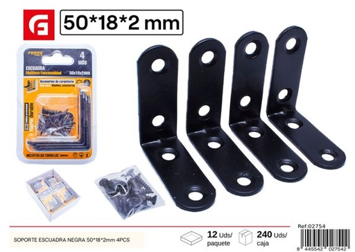 [02754] Soporte escuadra negra 50x18x2mm 4pcs para montaje y sujeción