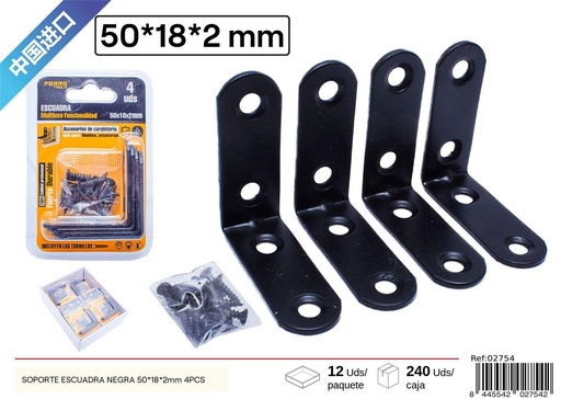 [02754] Soporte escuadra negra 50x18x2mm 4pcs para montaje y sujeción