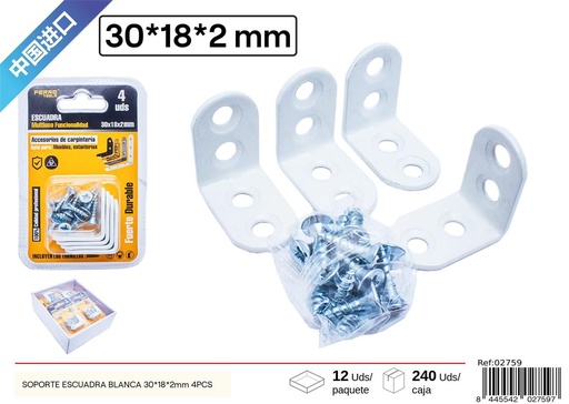 [02759] Soporte escuadra blanca 30*18*2 mm 4 piezas - Accesorios de ferretería