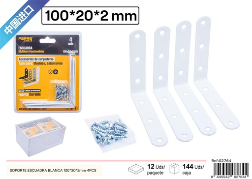 [02764] SOPORTE ESCUADRA BLANCA 100x20x2mm 4UDS - Ferretería