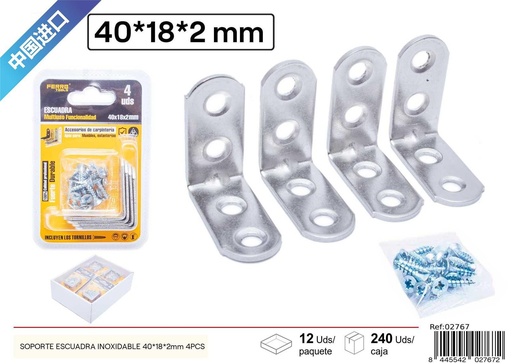 [02767] Soporte escuadra de acero inoxidable 40x16x2mm (4 piezas) - Accesorios de ferretería
