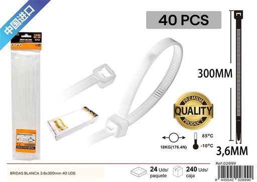 [02899] Bridas Blancas 40Pcs 3.6 x 300mm - Accesorios de Ferretería