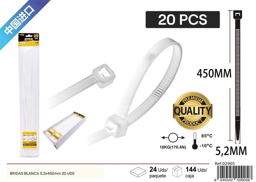 [02905] Bridas blancas 5.2 x 450 mm 20 unidades - Accesorios de ferretería