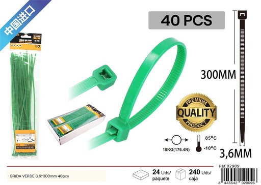 [02909] Brida verde 3.6*300mm 40pcs - Accesorios de ferretería