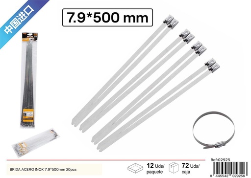 [02925] Brida de acero inoxidable 7.9*500mm 20pcs para sujeción y fijación