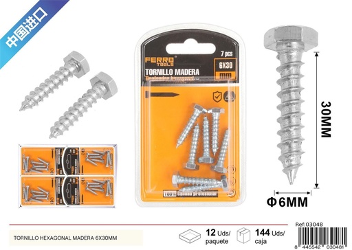 [03048] Tornillo hexagonal madera 6*30 mm - Accesorios de ferretería