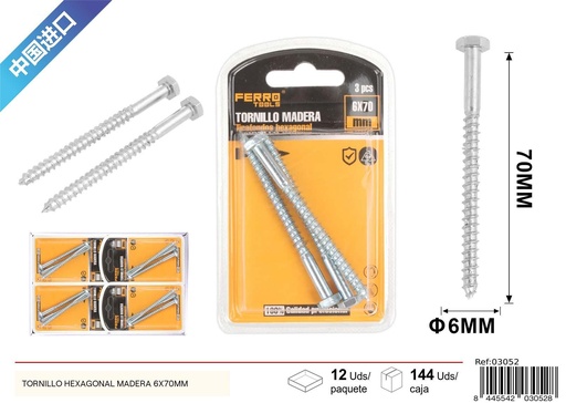 [03052] Tornillo hexagonal madera 6x70 mm - Accesorios de ferretería
