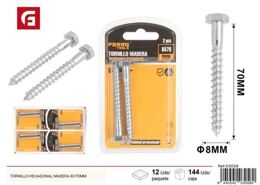 [03058] Tornillo hexagonal para madera 8x70mm con rosca fuerte