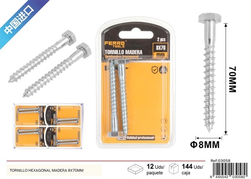 [03058] Tornillo hexagonal para madera 8x70mm con rosca fuerte