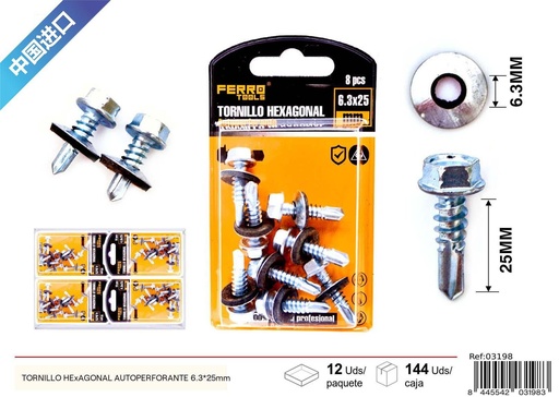 [03198] Tornillo hexagonal autoperforante 6.3x25mm - Accesorios de ferretería