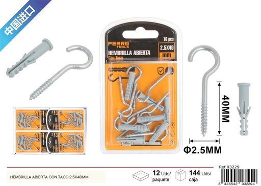 [03229] Hembrilla abierta con taco 2.5x40mm - Accesorios de ferretería