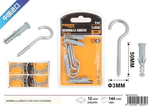 [03231] Hembrilla abierta con taco 3.0x50mm - Accesorios de ferretería