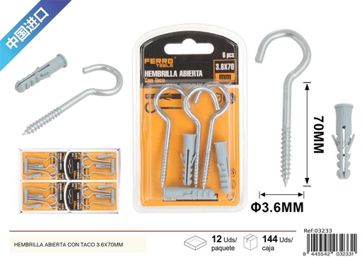 [03233] Hembrilla abierta con taco 3.6x70mm - Accesorios de ferretería