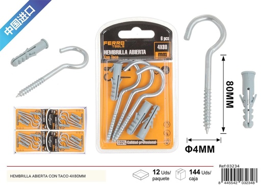 [03234] Hembrilla abierta con taco 4x80mm - Accesorios de ferretería