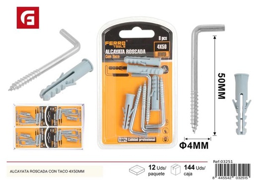 [03251] Alcayata roscada con taco 4x50mm para fijación