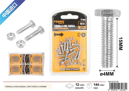 [03278] Tornillo hexagonal con tuerca 4x15mm - Accesorios de ferretería