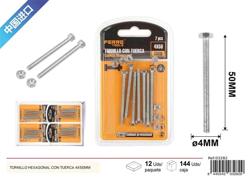 [03282] Tornillo hexagonal con tuerca 4x50mm - Accesorios de ferretería