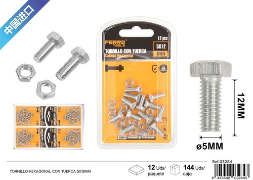 [03284] Tornillo hexagonal con tuerca 5x12mm - Accesorios de ferretería