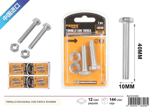 [03306] Tornillo hexagonal con tuerca 10x40mm - Accesorios de ferretería