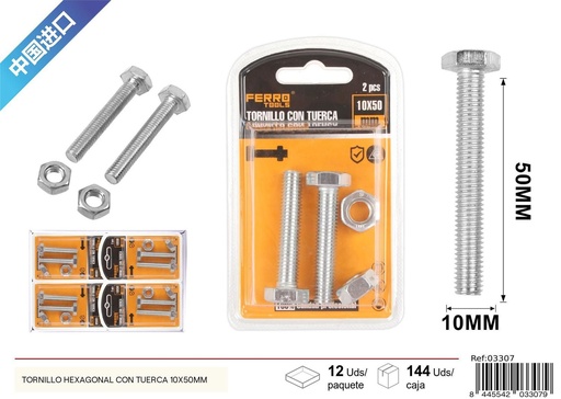[03307] Tornillo hexagonal con tuerca 10x50mm - Accesorios de ferretería