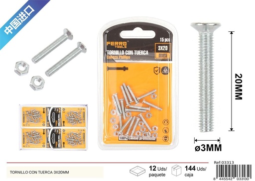 [03313] Tornillo con tuerca 3x20mm - Accesorios de ferretería