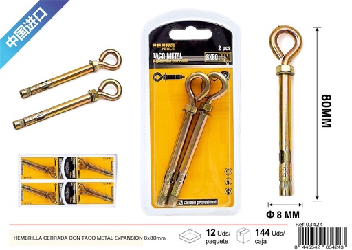 [03424]  Hembrilla cerrada con taco metálico 8x80 mm - Accesorios de ferretería