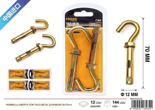 [03434] Hembrilla abierta con taco metálico expansión 12x70mm - Accesorios de ferretería