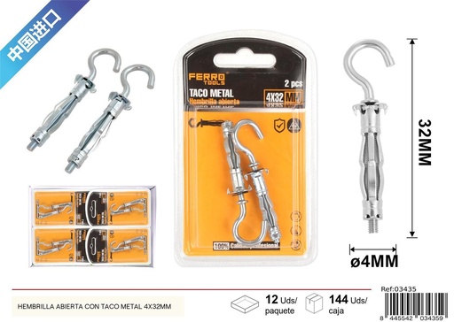 [03435] Hembrilla abierta con taco metálico 4x32mm, accesorios de ferretería