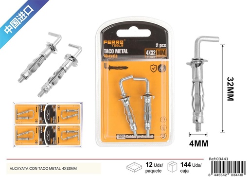 [03441] Alcayata con taco metálico 4x32mm, accesorios de ferretería