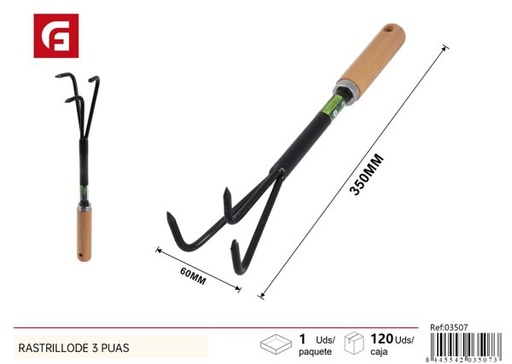 [03507] Rastrillo de 3 púas con mango de madera para jardín