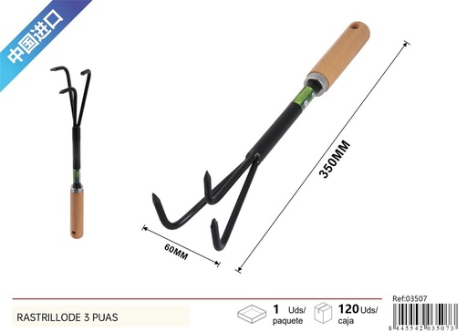[03507] Rastrillo de 3 púas con mango de madera para jardín