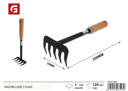 [03508] Rastrillo de 5 púas con mango de madera para jardinería