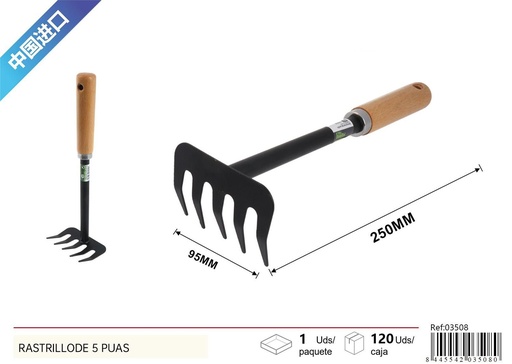 [03508] Rastrillo de madera de 5 púas con mango negro - Herramienta de jardinería