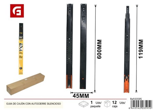 [03595] Guía de cajón con autocierre silencioso 45x600mm para muebles