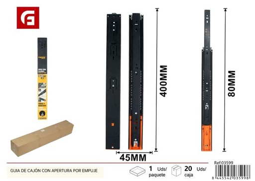 [03599] Guía de cajón 45x400mm apertura por empuje herrajes