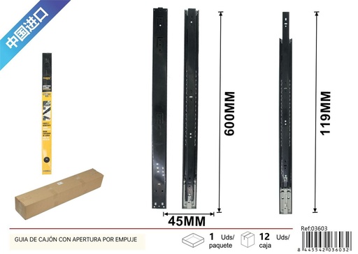 [03603] Guía de cajón con apertura por empuje 45x600mm para muebles