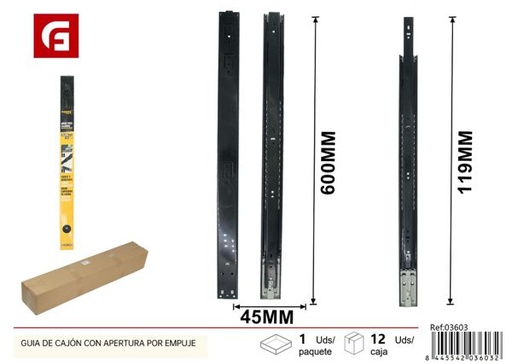 [03603] Guía de cajón con apertura por empuje 45x600mm para muebles