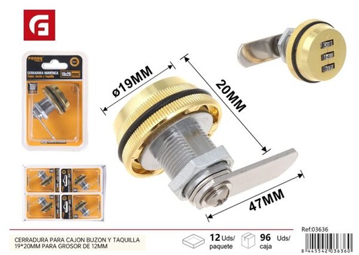 [03636] Cerradura numérica para cajón, buzón y taquilla 19x20mm grosor 12mm oro