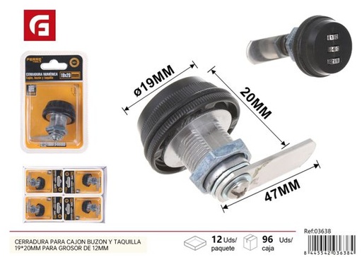 [03638] Cerradura numérica para cajón, buzón y taquilla 19x20mm grosor 12mm negra para seguridad