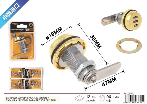 [03642] Cerradura numérica para cajón buzón y taquilla 19x30mm grosor 23mm oro para seguridad