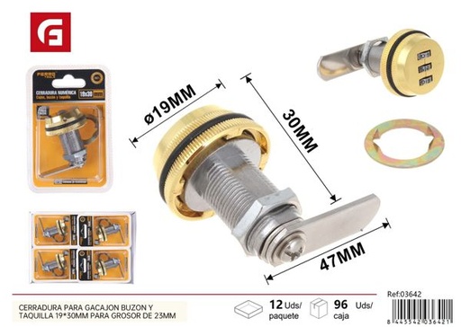 [03642] Cerradura numérica para cajón buzón y taquilla 19x30mm grosor 23mm oro para seguridad