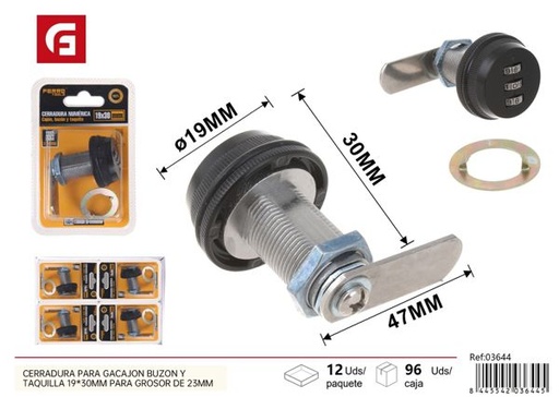 [03644] Cerradura numérica para cajón, buzón y taquilla 19x30mm grosor 23mm negra para seguridad