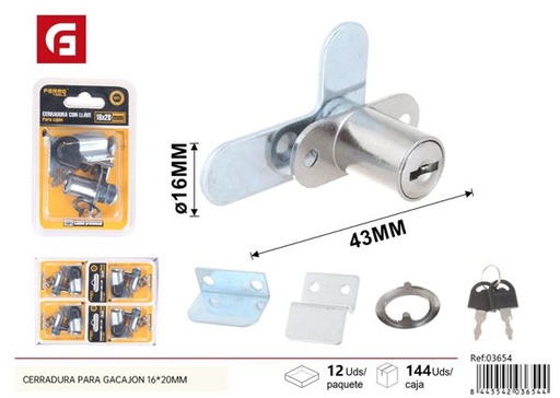 [03654] Cerradura para cajón con llave 16x20mm para seguridad