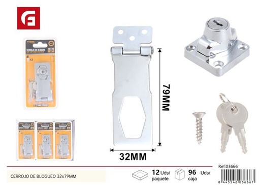 [03666] Cerrojo de bloqueo plata con llave 32x79mm para seguridad y puertas