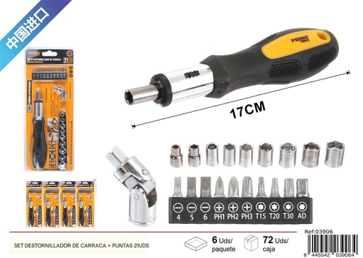 [03906] Set destornillador de carraca con puntas 21 piezas para bricolaje y reparación